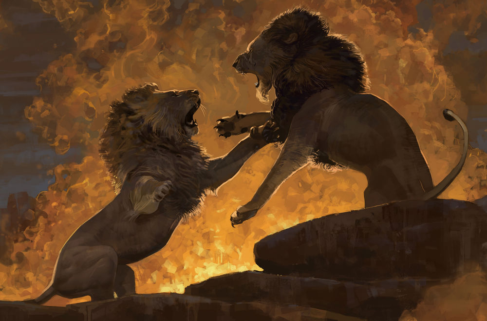 Обои для рабочего стола Битва Simba / Симбы и Scar / Шрама, арт к мультфильму The lion king / Король лев, by Faraz Shanyar
