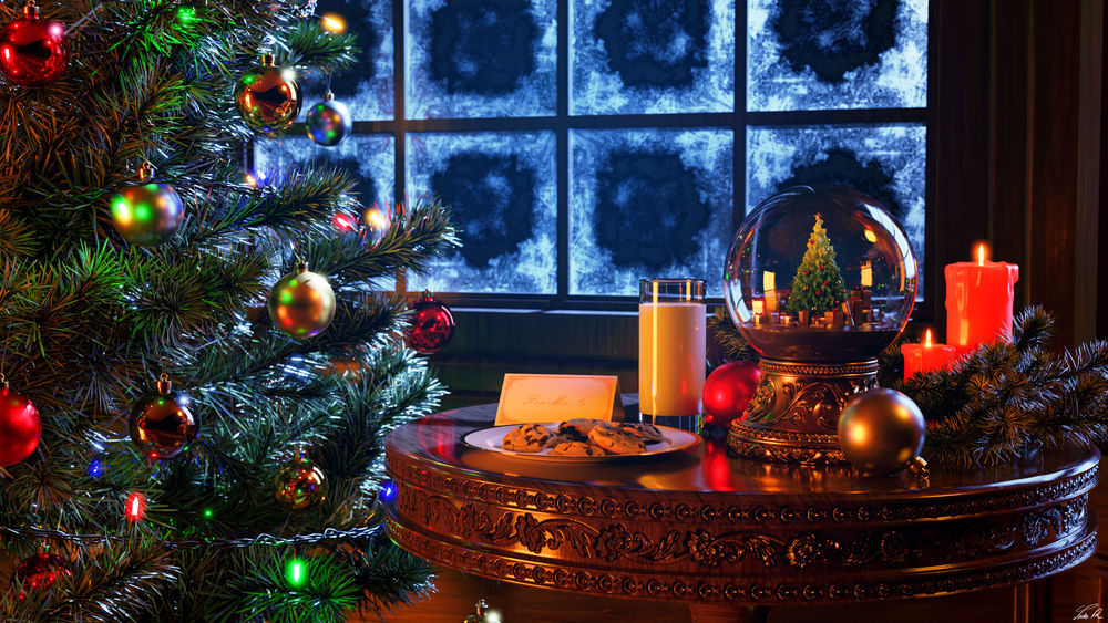 Обои для рабочего стола Рождественская елка и столик с игрушками, веточками ели, печеньями и свечами в комнате, by Luke Ryder