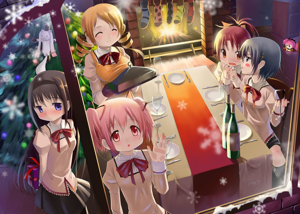 Обои для рабочего стола Мадока Канамэ / Madoka Kaname, Akemi Homura, Sakura Kyouko, Miki Sayaka и Tomoe Mami готовятся к встрече Нового Года из аниме Девочка-волшебница Мадока / Mahou Shoujo Madoka Magika