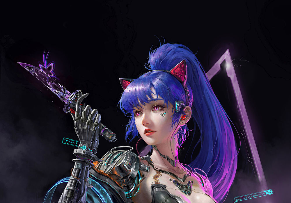Обои для рабочего стола Девушка-Cyberpunk / Киберпанк с синими волосами смотрит на бабочку, сидящую на лезвии ножа, by TinG