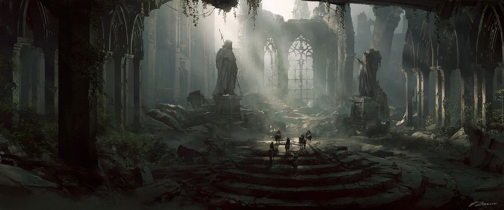 Обои для рабочего стола Воины на лошадях стоят в разрушенном замке, by Darek Zabrocki