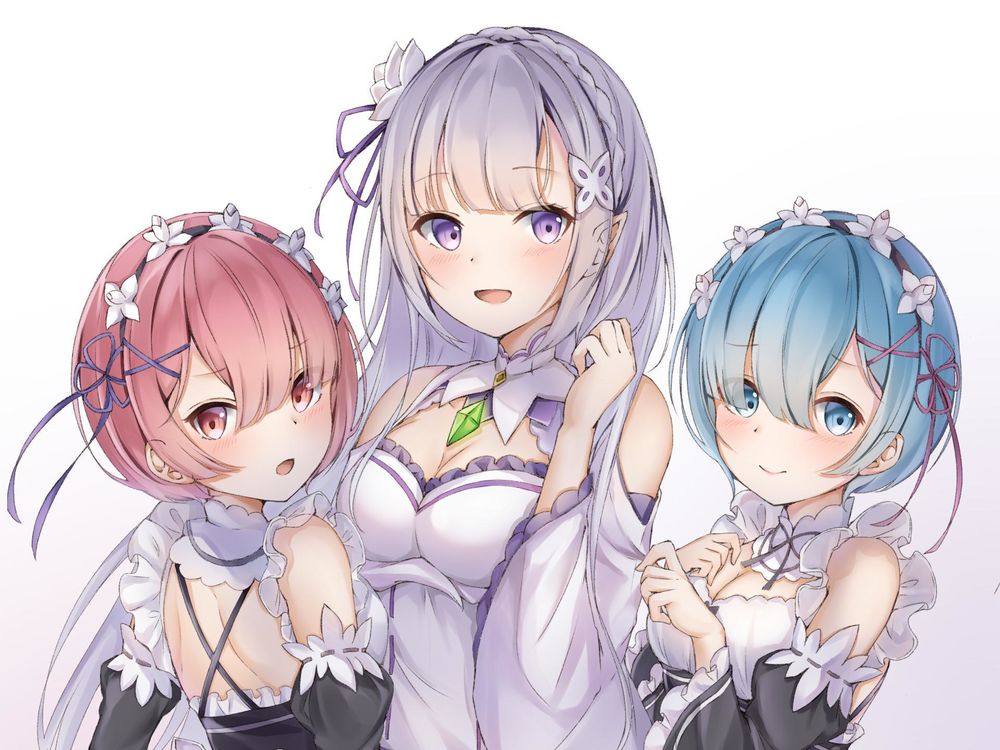 Обои для рабочего стола Ram / Рам, Emilia / Эмилия и Rem / Рем из аниме Re:Zero kara Hajimeru Isekai Seikatsu / Re:Zero. Жизнь с нуля в альтернативном мире
