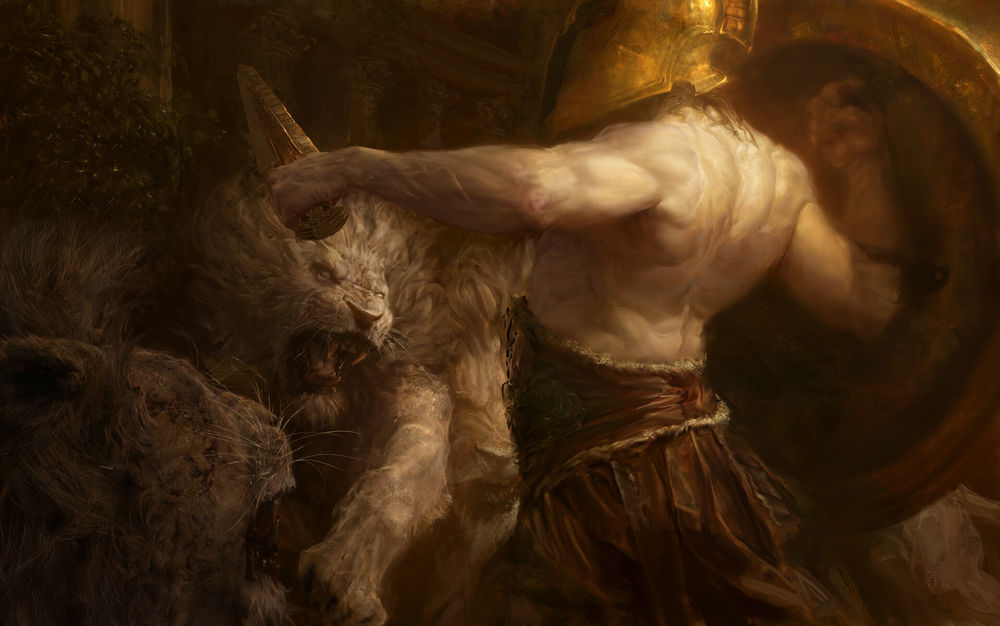 Обои для рабочего стола Гладиатор в битве со львами, by Campbell White