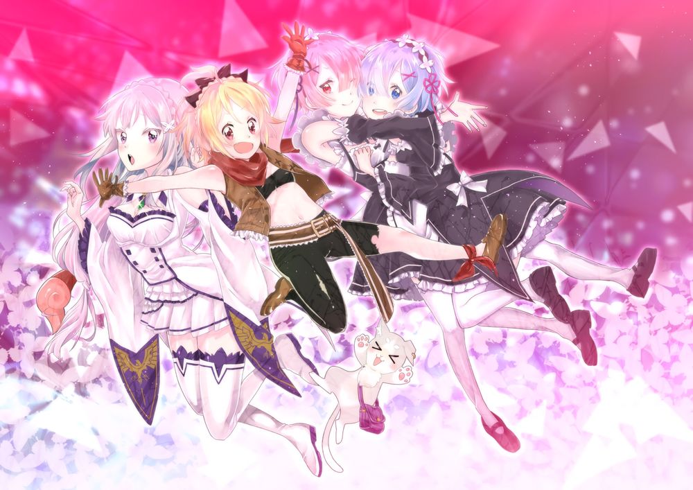 Обои для рабочего стола Emilia / Эмилия, Felt / Фелт, Puck / Пак Ram / Рам и Rem / Рем из аниме Re:Zero kara Hajimeru Isekai Seikatsu / Re:Zero. Жизнь с нуля в альтернативном мире