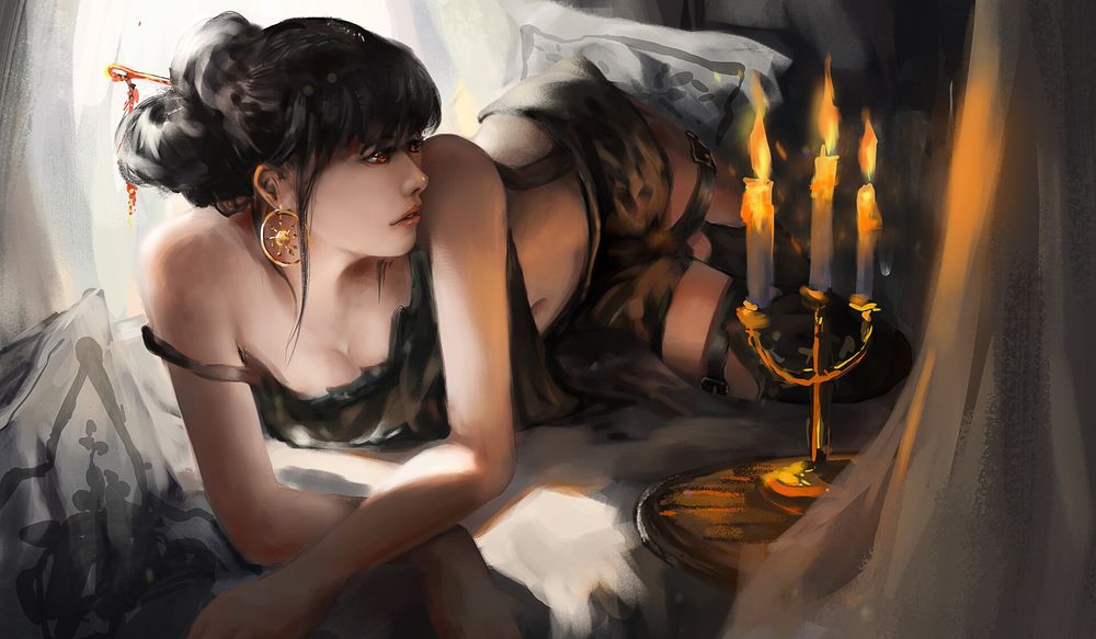 Обои для рабочего стола Девушка лежит на кровати при горящих свечах, by Karolus Wijaya