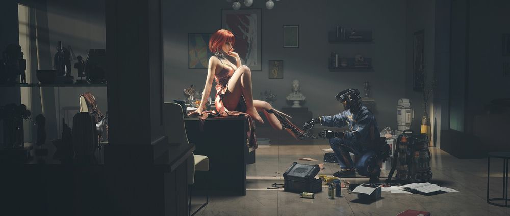 Обои для рабочего стола Киборг чинит девушку-андроида в комнате