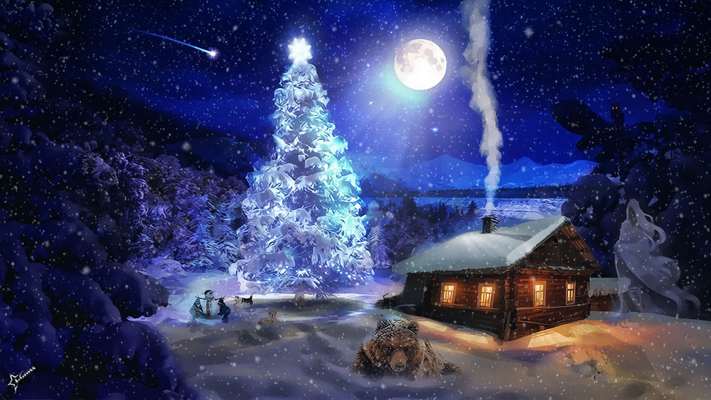 Обои для рабочего стола Медведь лежит в снегу, ночью у деревянного домика в лесу, а рядом дети лепят снеговика у новогодней красивой елки, освещаемой лунным светом