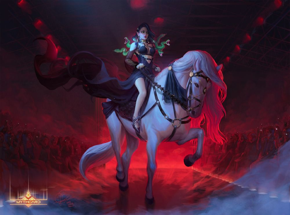 Обои для рабочего стола Gorgon Medusa / Медуза Горгона на белой лошади, арт к игре Mythgard, by Ina Wong