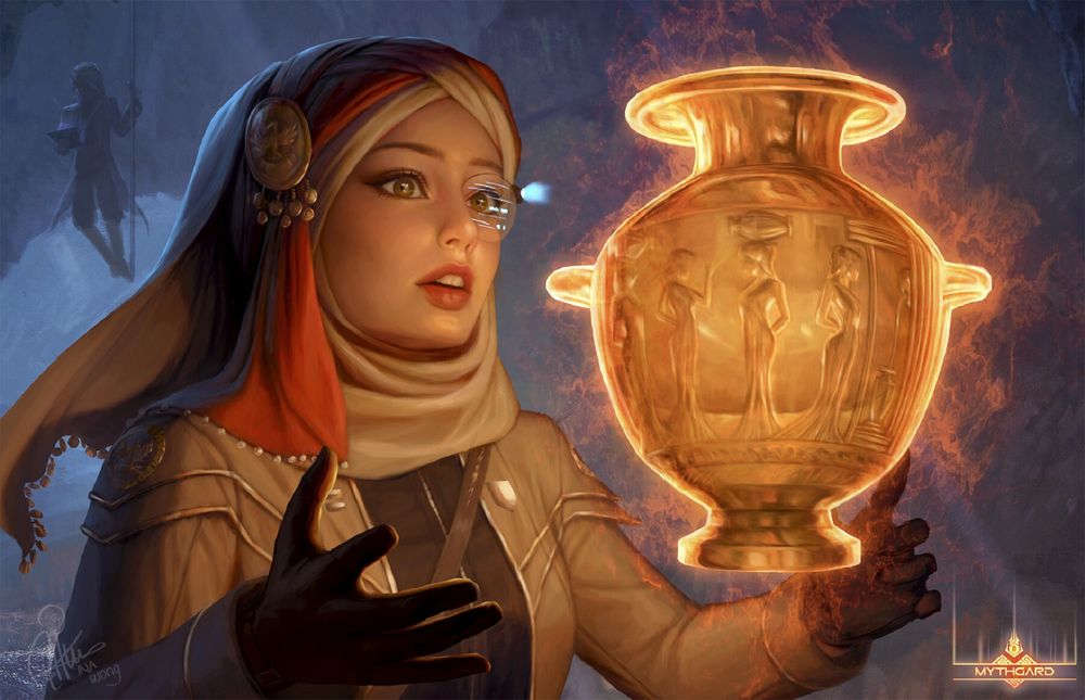 Обои для рабочего стола Девушка смотрит на волшебную амфору, арт к игре Mythgard, by Ina Wong