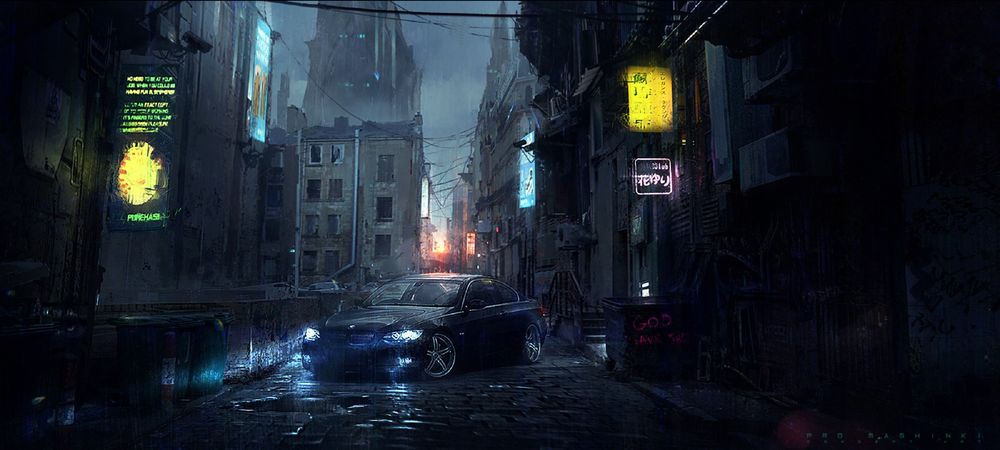 Обои для рабочего стола Черный BMW M3 стоит на улице ночного города под дождем, by Mark Kolobaev