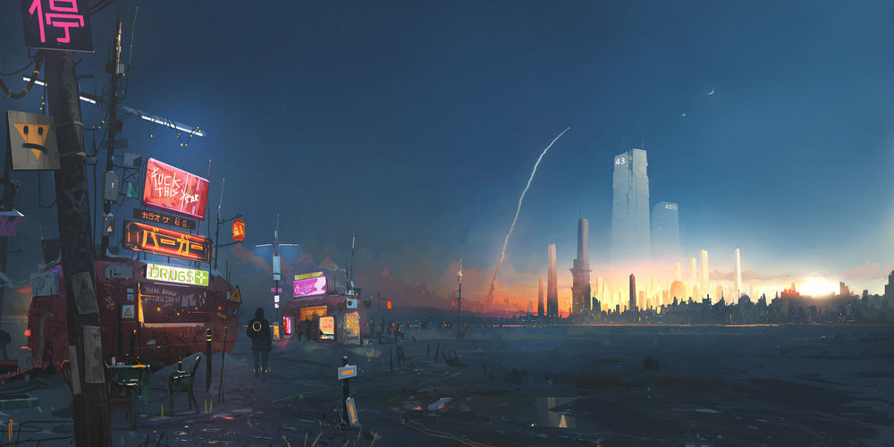 Обои для рабочего стола Ракета летящая над вечерним городом, futuristic art by Ismail Inceoglu