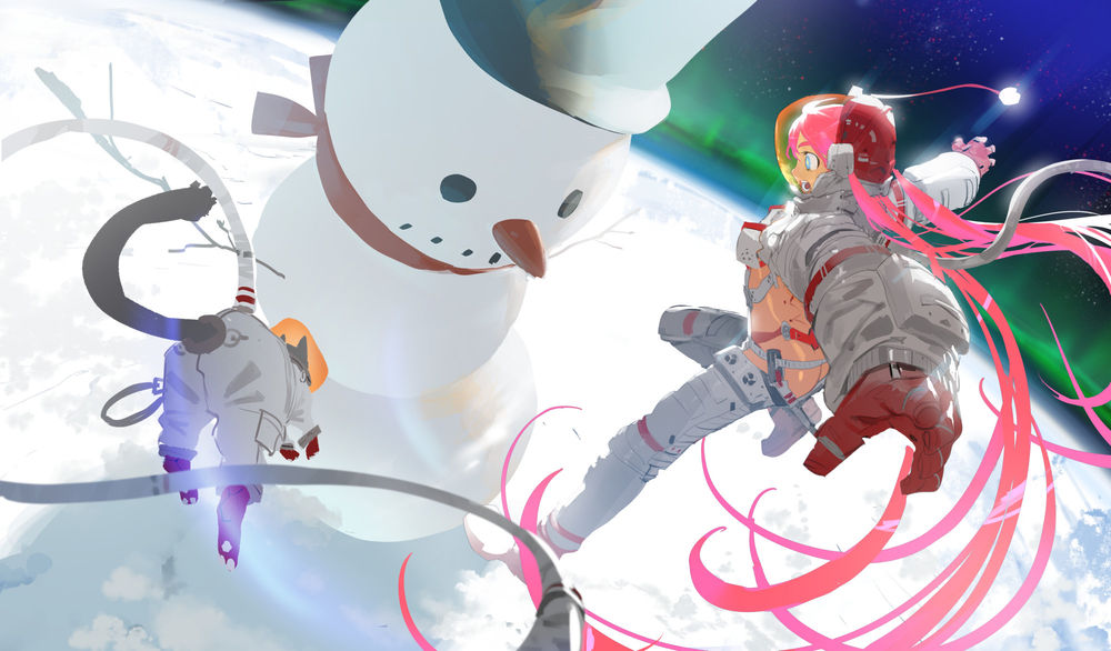 Обои для рабочего стола Девушка с котом в скафандрах увидели в космосе снеговика, by Ryota-H