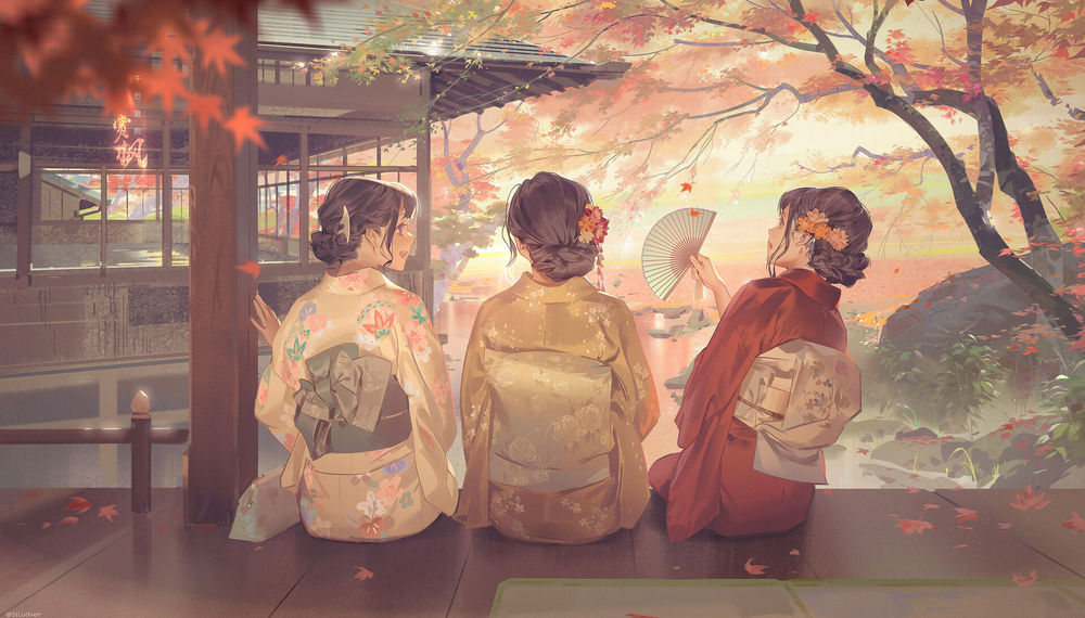 Обои для рабочего стола Три девушки в кимоно сидят в осеннем японском дворике, by St Luthien