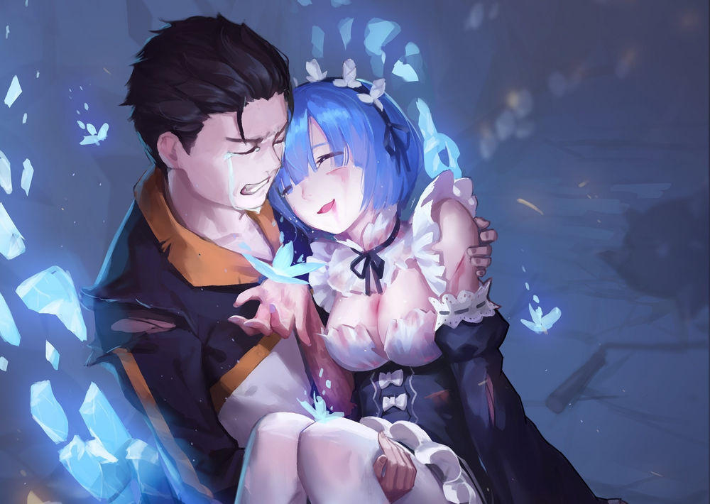Обои для рабочего стола Subaru Natsuki / Субару Нацуки и Rem / Рем из аниме Re:Zero kara Hajimeru Isekai Seikatsu / Re:Zero. Жизнь с нуля в альтернативном мире
