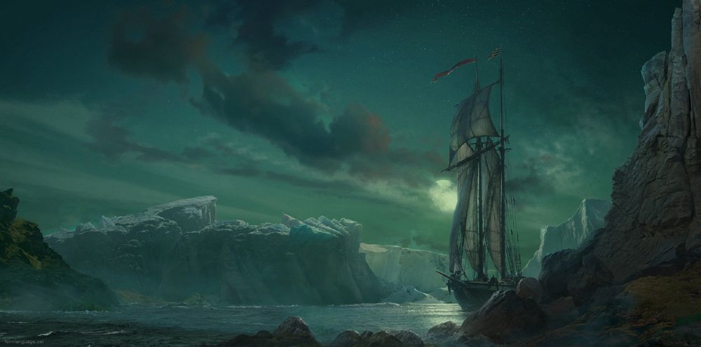 Обои для рабочего стола Парусник среди скал в полнолуние, by Daniel Romanovsky