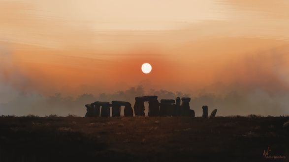 Обои на рабочий стол Каменное мегалитическое сооружение Стоунхендж / Stonehenge в предрассветной туманной дымке, исторический памятник в Англии, digital art by Momo