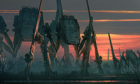 Обои на рабочий стол Война машин, огромные машины на закате солнца, by Raphael Lacoste