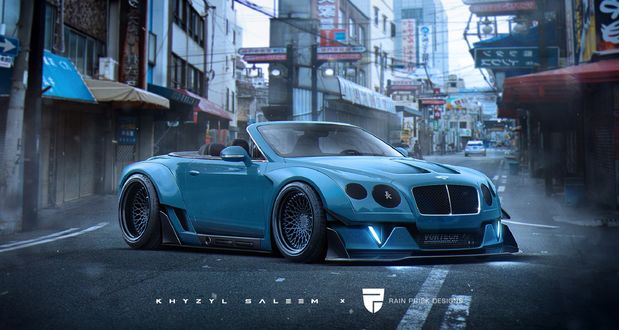 Обои на рабочий стол Голубой Bentley Continental GT в городе, by Rain Prisk & Khyzyl Saleem