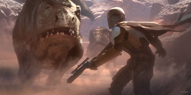 Обои на рабочий стол The Mandalorian / Мандалорец смотрит на бегущих ящеров, арт к одноименному сериалу, by Nick Gindraux