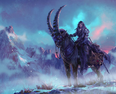 Обои на рабочий стол Witcher / Ведьма сидит верхом на козле, by Omer Burak Onal
