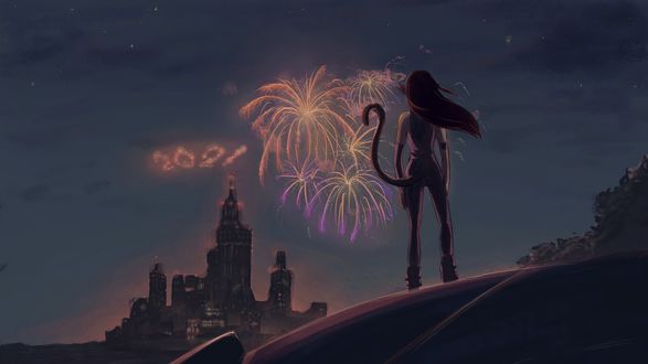 Обои на рабочий стол Девушка кошка смотрит на новогодний фейерверк в небе над городом, by Xuan Thao VO