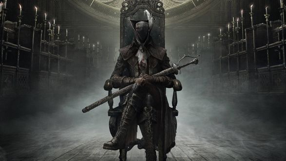 Обои на рабочий стол Lady Maria of the Astral Clocktower / Леди Мария из Астральной часовой башни сидя в кресле, держит клинок Rakuyo / Ракуйо, босс из дополнения The Old Hunters DLC / Старые охотники к игре Bloodborne / Порождение крови