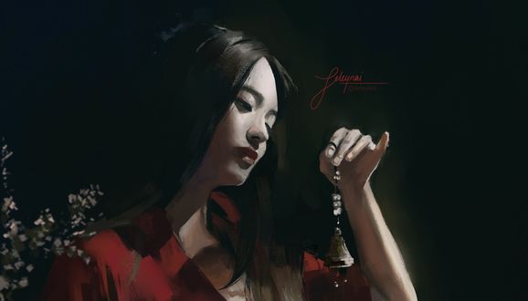 Обои на рабочий стол Портрет японский девушки с колокольчиком в руке, digital art by Lea Bichlmair