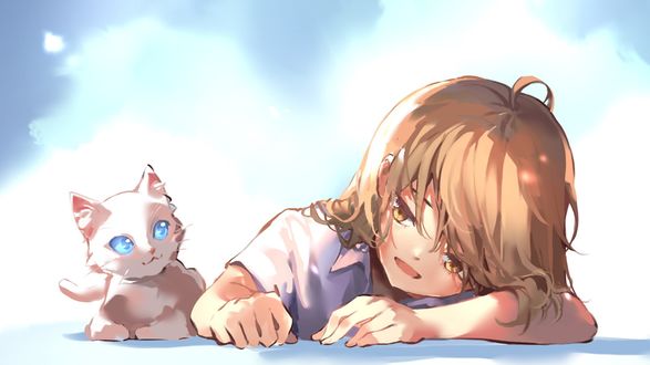 Обои на рабочий стол Девушка с белой кошкой лежат на фоне неба, by Shijohane