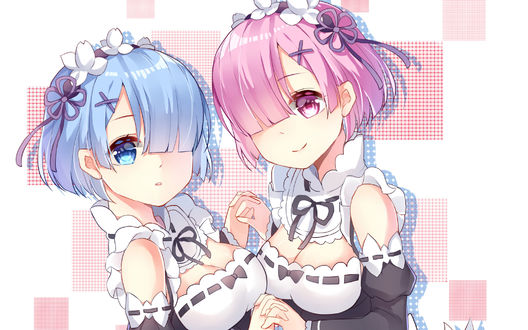 Обои на рабочий стол Ram / Рам и Rem / Рем из аниме Re: Zero kara Hajimeru Isekai Seikatsu / Re: Жизнь в альтернативном мире с нуля