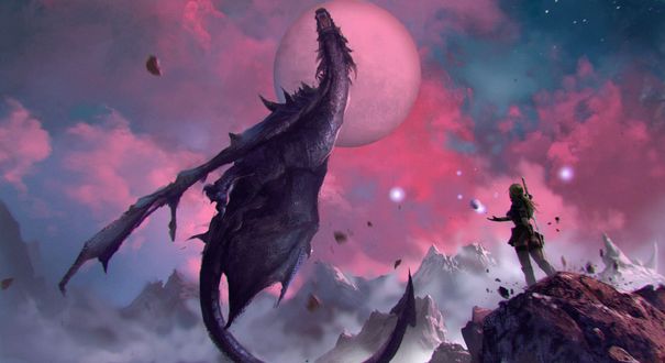 Обои на рабочий стол Девушка-воин смотрит на танец дракона в небе, by Omer Burak Onal