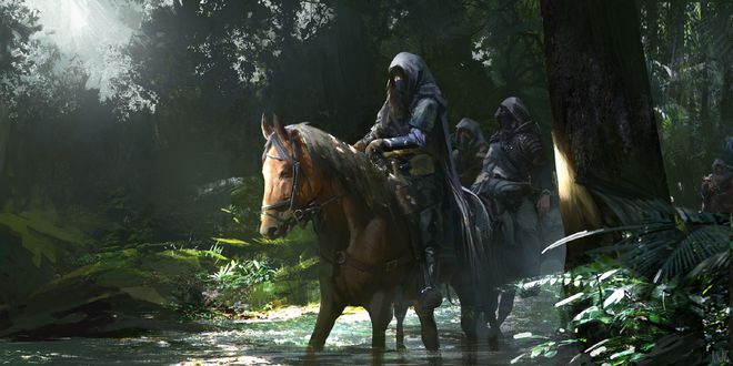 Обои на рабочий стол Воины на лошадях идут по речке в джунглях, by Junling Wang