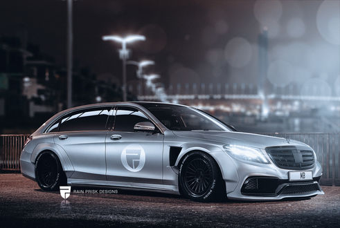 Обои на рабочий стол Серебристый Mercedes S-Class на фоне ночного города, by Rain Prisk