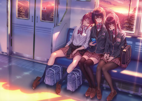 Обои на рабочий стол Три школьницы едут в вечерней электричке, by piromizu