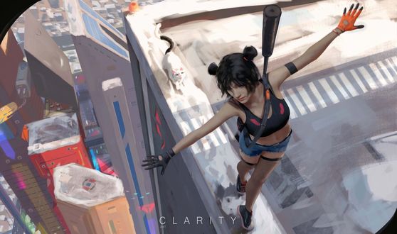 Обои на рабочий стол Девушка с белой кошкой идут по краю крыши, by CLA RITY