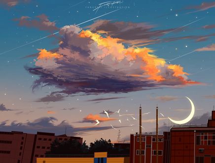 Обои на рабочий стол Полумесяц завис над домом, by Fangpeii