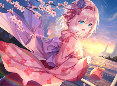 Обои на рабочий стол Yui Kusano / Юи Кусано стоит у весенней ветки, персонаж из игры Princess Connect! / Связь принцесс, art by Gejigejier