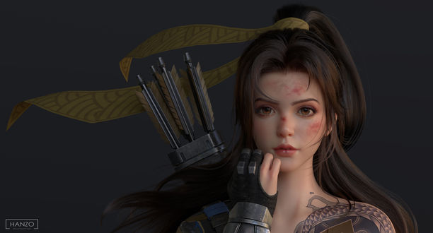 Обои на рабочий стол Hanzo Shimada / Хандзо Шимада в женском образе из игры Overwatch / Дозор