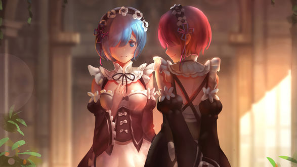 Обои на рабочий стол Rem / Рем и Ram / Рам из аниме Re:Zero kara Hajimeru Isekai Seikatsu / Re:Zero. Жизнь с нуля в альтернативном мире
