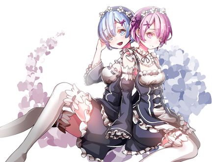 Обои на рабочий стол Rem / Рем и Ram / Рам из аниме Re:Zero kara Hajimeru Isekai Seikatsu / Re:Zero. Жизнь с нуля в альтернативном мире