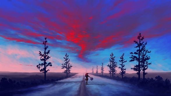 Обои на рабочий стол Девушка стоящая на дороге на фоне красного неба, digital art by BisBiswas