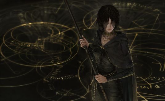 Обои на рабочий стол Дева в черном / Maiden in Black с посохом в руках, персонаж из видеоигры Demon’s Souls / Души Демонов, art by Jdori