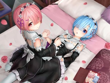 Обои на рабочий стол Rem / Рем и Ram / Рам из аниме Re:Zero kara Hajimeru Isekai Seikatsu / Re:Zero. Жизнь с нуля в альтернативном мире