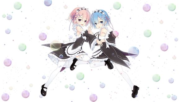 Обои на рабочий стол Rem / Рем и Ram / Рам из аниме Re:Zero kara Hajimeru Isekai Seikatsu / Re:Zero. Жизнь с нуля в альтернативном мире