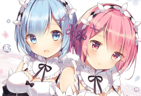 Обои на рабочий стол Rem / Рем и Ram / Рам из аниме Re:Zero kara Hajimeru Isekai Seikatsu / Re:Zero. Жизнь с нуля в альтернативном мире