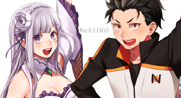 Обои на рабочий стол Subaru Natsuki / Субару Нацуки и Emilia / Эмилия из аниме Re:Zero kara Hajimeru Isekai Seikatsu / Re:Zero. Жизнь с нуля в альтернативном мире