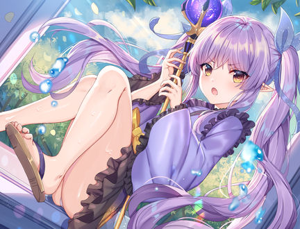 Обои на рабочий стол Hikawa Kyoka / Хикава Кеко с посохом в руках, персонаж из игры Princess Connect! / Связь принцесс, art by Gejigejier