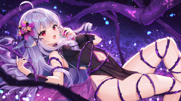 Обои на рабочий стол Девушка в черном платье опутанная шипастыми лозами лежит на земле, персонаж из мобильной игры Honkai Impact, art by Gejigejier
