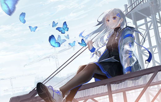 Обои на рабочий стол Девушка сидит на крыше здания на фоне строительных  кранов, в руке она держит стилус из которого вылетают бабочки, оригинальный  персонаж by Oyuyu, обои для рабочего стола, скачать обои,