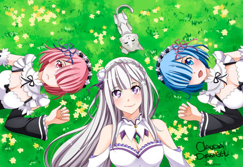 Обои на рабочий стол Emilia / Эмилия, Puck / Пак Rem / Рем и Ram / Рам из аниме Re:Zero kara Hajimeru Isekai Seikatsu / Re:Zero. Жизнь с нуля в альтернативном мире