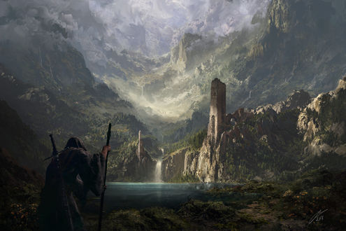 Обои на рабочий стол Воин в мантии смотрит на крепость в горах у водопада, by Julian Bauer